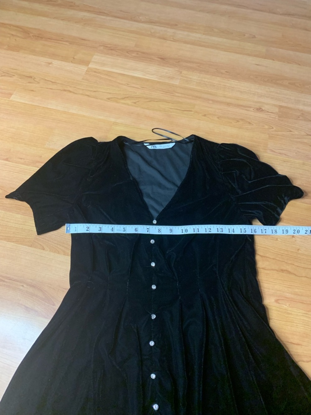 ZARA Black Velvet Mini Dress Crystal Rhinestone Button Puff Sleeve M - Picture 6 of 7